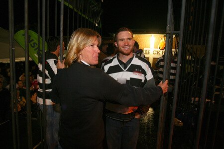 DAVIDSON, NC - OCTOBER 14:  NASCAR driver Brian Vickers (R) is held in jail by NASCAR official Yvonne Pittman (L), after he was locked up for charity at the NASCAR Second Annual Jail & Bail held at Brickhouse Tavern  October 14, 2009 in Davidson, North Carolina.  Funds raised during the event will go to The NASCAR Foundation and Brienne Davis Scholarship Fund.  <br /><br /><span class="help">(Photo by Jason Smith/Getty Images)</span>