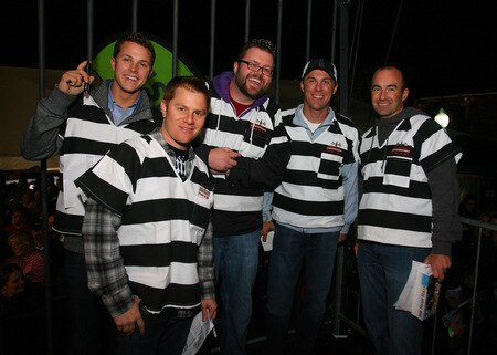 DAVIDSON, NC - OCTOBER 14: (L-R) NASCAR Nationwide drivers Trevor Bayne, Jason Leffler, along side Speed Channel On Air Talent Rutledge Wood, NASCAR Sprint Cuper Series drivers Kevin Harvick and Marcos Ambrose pose as they are locked up for charity at the NASCAR Second Annual Jail & Bail held at Brickhouse Tavern  October 14, 2009 in Davidson, North Carolina.  Funds raised during the event will go to The NASCAR Foundation and Brienne Davis Scholarship Fund.  <br /><br /><span class="help">(Photo by Jason Smith/Getty Images)</span>
