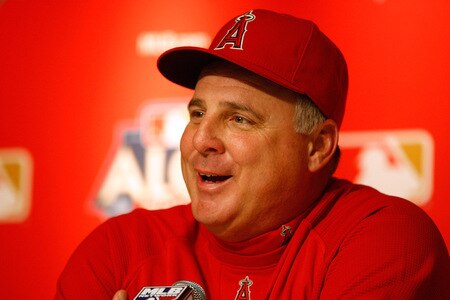 NEW YORK - OCTOBER 15:  Manager Mike Scioscia of the Los Angeles Angels of Anaheim talks to the media during workouts on October 15, 2009 at Yankee Stadium in the Bronx borough of New York City.  <br /><br /><span class="help">(Photo by Jared Wickerham/Getty Images)</span>