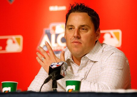 NEW YORK - OCTOBER 15:  John Lackey #41 of the Los Angeles Angels of Anaheim speaks at a press conference during workouts on October 15, 2009 at Yankee Stadium in the Bronx borough of New York City.  <br /><br /><span class="help">(Photo by Jared Wickerham/Getty Images)</span>