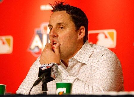 NEW YORK - OCTOBER 15:  John Lackey #41 of the Los Angeles Angels of Anaheim speaks at a press conference during workouts on October 15, 2009 at Yankee Stadium in the Bronx borough of New York City.  <br /><br /><span class="help">(Photo by Jared Wickerham/Getty Images)</span>