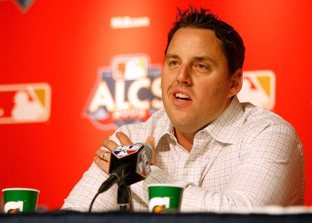 NEW YORK - OCTOBER 15:  John Lackey #41 of the Los Angeles Angels of Anaheim speaks at a press conference during workouts on October 15, 2009 at Yankee Stadium in the Bronx borough of New York City.  <br /><br /><span class="help">(Photo by Jared Wickerham/Getty Images)</span>