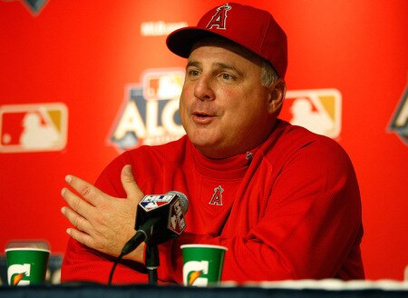 NEW YORK - OCTOBER 15:  Manager Mike Scioscia of the Los Angeles Angels of Anaheim talks to the media during workouts on October 15, 2009 at Yankee Stadium in the Bronx borough of New York City.  <br /><br /><span class="help">(Photo by Jared Wickerham/Getty Images)</span>