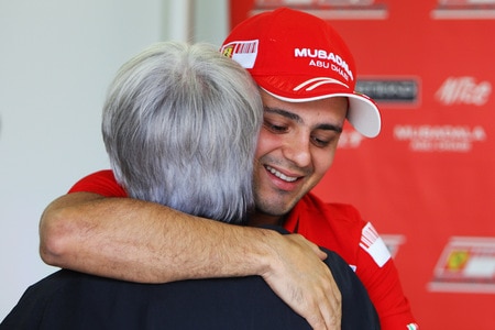 SAO PAULO, BRAZIL - OCTOBER 16:  Felipe Massa of Brazil and Ferrari returns to F1 for the first time since his accident in Hungary and greets F1 supremo Bernie Ecclestone in the paddock before practice for the Brazilian Formula One Grand Prix at the Interlagos Circuit on October 16, 2009 in Sao Paulo, Brazil.  <br /><br /><span class="help">(Photo by Mark Thompson/Getty Images)</span>