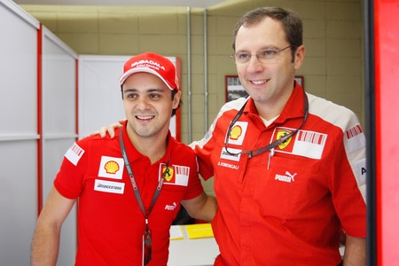 SAO PAULO, BRAZIL - OCTOBER 16:  Felipe Massa of Brazil and Ferrari returns to F1 for the first time since his accident in Hungary and greets Ferrari Sporting Director Stefano Domenicali in the paddock before practice for the Brazilian Formula One Grand Prix at the Interlagos Circuit on October 16, 2009 in Sao Paulo, Brazil.  <br /><br /><span class="help">(Photo by Mark Thompson/Getty Images)</span>