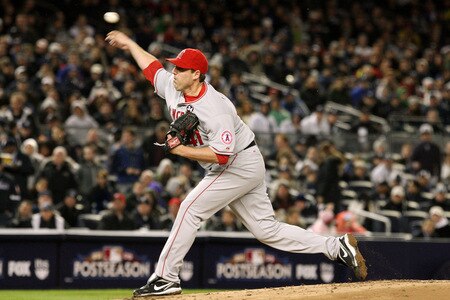 NEW YORK - OCTOBER 16:  John Lackey #41 of the Los Angeles Angels of Anaheim pitches against the New York Yankees in Game One of the ALCS during the 2009 MLB Playoffs at Yankee Stadium on October 16, 2009 in New York, New York.  <br /><br /><span class="help">(Photo by Jim McIsaac/Getty Images)</span>