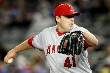 NEW YORK - OCTOBER 16:  John Lackey #41 of the Los Angeles Angels of Anaheim pitches against the New York Yankees in Game One of the ALCS during the 2009 MLB Playoffs at Yankee Stadium on October 16, 2009 in New York, New York.  <br /><br /><span class="help">(Photo by Al Bello/Getty Images)</span>