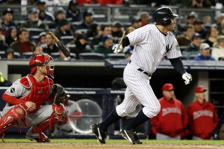 NEW YORK - OCTOBER 16:  Johnny Damon #18 of the New York Yankees breaks his bat while hitting a double in the first inning against of the Los Angeles Angels of Anaheim in Game One of the ALCS during the 2009 MLB Playoffs at Yankee Stadium on October 16, 2009 in New York, New York.  <br /><br /><span class="help">(Photo by Jim McIsaac/Getty Images)</span>