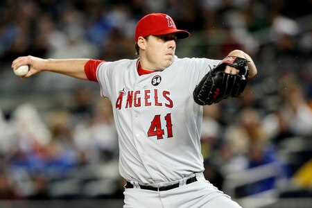 NEW YORK - OCTOBER 16:  John Lackey #41 of the Los Angeles Angels of Anaheim pitches against the New York Yankees in Game One of the ALCS during the 2009 MLB Playoffs at Yankee Stadium on October 16, 2009 in New York, New York.  <br /><br /><span class="help">(Photo by Al Bello/Getty Images)</span>