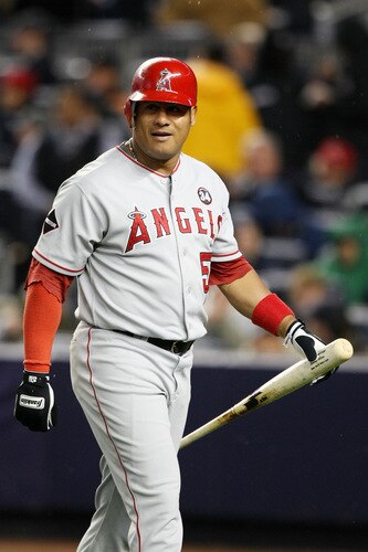 NEW YORK - OCTOBER 16:  Bobby Abreu #53 of the Los Angeles Angels of Anaheim reacts after striking out in the first inning against the New York Yankees in Game One of the ALCS during the 2009 MLB Playoffs at Yankee Stadium on October 16, 2009 in New York, New York.  <br /><br /><span class="help">(Photo by Al Bello/Getty Images)</span>