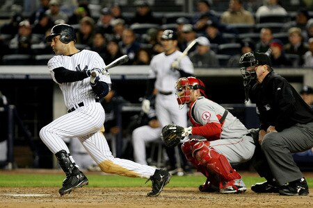 NEW YORK - OCTOBER 16:  Derek Jeter #2 of the New York Yankees grounds out in the third inning against the Los Angeles Angels of Anaheim in Game One of the ALCS during the 2009 MLB Playoffs at Yankee Stadium on October 16, 2009 in New York, New York.  <br /><br /><span class="help">(Photo by Al Bello/Getty Images)</span>
