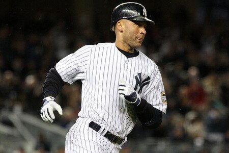 NEW YORK - OCTOBER 16:  Derek Jeter #2 of the New York Yankees runs to first base in the first inning against of the Los Angeles Angels of Anaheim in Game One of the ALCS during the 2009 MLB Playoffs at Yankee Stadium on October 16, 2009 in New York, New York.  <br /><br /><span class="help">(Photo by Jim McIsaac/Getty Images)</span>