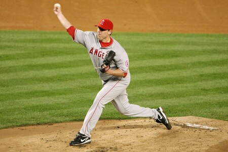 NEW YORK - OCTOBER 16:  John Lackey #41 of the Los Angeles Angels of Anaheim pitches against the New York Yankees in the first inning of Game One of the ALCS during the 2009 MLB Playoffs at Yankee Stadium on October 16, 2009 in New York, New York.  <br /><br /><span class="help">(Photo by Nick Laham/Getty Images)</span>