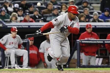 NEW YORK - OCTOBER 16:  Chone Figgins #9 of the Los Angeles Angels of Anaheim hits a foul bunt in the third inning against the New York Yankees in Game One of the ALCS during the 2009 MLB Playoffs at Yankee Stadium on October 16, 2009 in New York, New York.  <br /><br /><span class="help">(Photo by Jim McIsaac/Getty Images)</span>