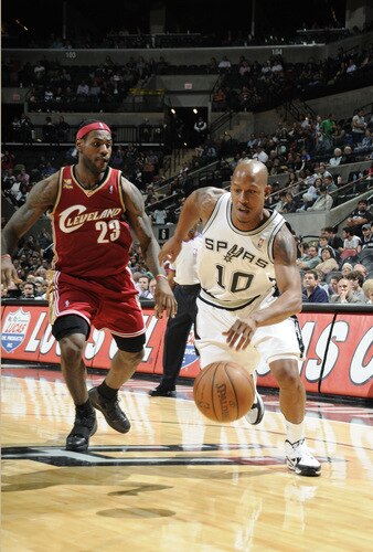SAN ANTONIO - OCTOBER 16: Keith Bogans #10 of the San Antonio Spurs drives against LeBron James #23 of the Cleveland Cavaliers on October 16, 2009 at the AT&T Center in San Antonio, Texas. <br /><br /><span class="help">(Photo by D. Clarke Evans/NBAE via Getty Images)</span>