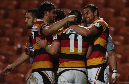 HAMILTON, NEW ZEALAND - OCTOBER 17:  Dwayne Sweeney celebrates after scoring with Jack Lam and Jackson Willison of Waikato during the Air New Zealand Cup match between Waikato and Northland at Waikato Stadium on October 17, 2009 in Hamilton, New Zealand.  <br /><br /><span class="help">(Photo by Hannah Johnston/Getty Images)</span>