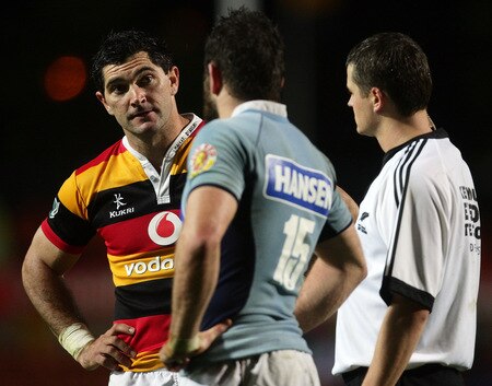 HAMILTON, NEW ZEALAND - OCTOBER 17:  Stephen Donald of Waikato talks with Jared Payne of Northland during the Air New Zealand Cup match between Waikato and Northland at Waikato Stadium on October 17, 2009 in Hamilton, New Zealand.  <br /><br /><span class="help">(Photo by Hannah Johnston/Getty Images)</span>