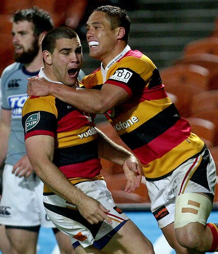 HAMILTON, NEW ZEALAND - OCTOBER 17:  Dwayne Sweeney celebrates after scoring with Jackson Willison of Waikato during the Air New Zealand Cup match between Waikato and Northland at Waikato Stadium on October 17, 2009 in Hamilton, New Zealand.  <br /><br /><span class="help">(Photo by Hannah Johnston/Getty Images)</span>