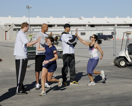 SAN ANTONIO - OCTOBER 17: San Antonio Spurs (from left) Matt Bonner, Richard Jefferson, and Marcus Williams encourages runners during the Spurs Fast Break 5K on October 17, 2009 in San Antonio, Texas. <br /><br /><span class="help">(Photo by D. Clarke Evans/NBAE via Getty Images)</span>