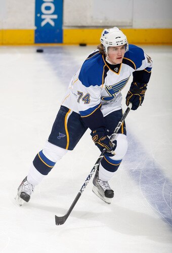 ANAHEIM, CA - OCTOBER 17:  T.J. Oshie #74 of the St. Louis Blues skates prior to the game against the Anaheim Ducks at Honda Center on October 17, 2009 in Anaheim, California.  <br /><br /><span class="help">(Photo by Jeff Gross/Getty Images)</span>