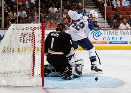 ANAHEIM, CA - OCTOBER 17:  Brad Boyes #22 of the St. Louis Blues deflects a shot in front of goaltender Jonas Hiller #1 of the Anaheim Ducks during the second period at Honda Center on October 17, 2009 in Anaheim, California.  <br /><br /><span class="help">(Photo by Jeff Gross/Getty Images)</span>