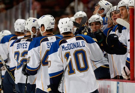 ANAHEIM, CA - OCTOBER 17:  Andy McDonald #10 of the St. Louis Blues receives high fives from the bench after scoring a goal in the second period against the Anaheim Ducks at Honda Center on October 17, 2009 in Anaheim, California.  <br /><br /><span class="help">(Photo by Jeff Gross/Getty Images)</span>