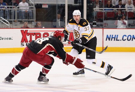 GLENDALE, AZ - OCTOBER 17:  Zdeno Chara #33 of the Boston Bruins clears the puck over the stick of Shane Doan #19 of the Phoenix Coyotes during the NHL game at Jobing.com Arena on October 17, 2009 in Glendale, Arizona. The Coyotes defeated the Bruins 4-1. <br /><br /><span class="help">(Photo by Christian Petersen/Getty Images)</span>