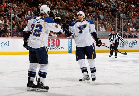 ANAHEIM, CA - OCTOBER 17:  Carlo Colaiacovo (R) #28 and Brad Boyes #22 of the St. Louis Blues celebrate Colaiacovo's second period goal against the Anaheim Ducks at Honda Center on October 17, 2009 in Anaheim, California.  <br /><br /><span class="help">(Photo by Jeff Gross/Getty Images)</span>
