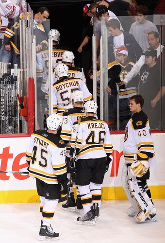 GLENDALE, AZ - OCTOBER 17:  Mark Stuart #45, David Krejci #46 and Tuukka Rask #40 of the Boston Bruins following teammates off the ice after being defeated by the Phoenix Coyotes in the NHL game at Jobing.com Arena on October 17, 2009 in Glendale, Arizona. The Coyotes defeated the Bruins 4-1. <br /><br /><span class="help">(Photo by Christian Petersen/Getty Images)</span>