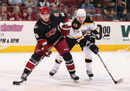 GLENDALE, AZ - OCTOBER 17:  Petr Prucha #16 of the Phoenix Coyotes skates with the puck past Michael Ryder #73 of the Boston Bruins during the NHL game at Jobing.com Arena on October 17, 2009 in Glendale, Arizona.  The Coyotes defeated the Bruins 4-1. <br /><br /><span class="help">(Photo by Christian Petersen/Getty Images)</span>