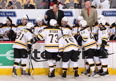 GLENDALE, AZ - OCTOBER 17:  Head coach Claude Julien of the Boston Bruins talks to his team during a timeout during the NHL game against the Phoenix Coyotes at Jobing.com Arena on October 17, 2009 in Glendale, Arizona.  The Coyotes defeated the Bruins 4-1. <br /><br /><span class="help">(Photo by Christian Petersen/Getty Images)</span>