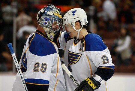 ANAHEIM, CA - OCTOBER 17:  Goaltender Ty Conklin (L) #29 of the St. Louis Blues is congratulated by Paul Kariya #9 following the Blues' 5-0 victory over the Anaheim Ducks at Honda Center on October 17, 2009 in Anaheim, California.  <br /><br /><span class="help">(Photo by Jeff Gross/Getty Images)</span>