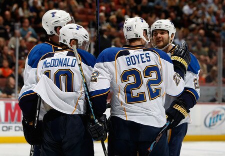 ANAHEIM, CA - OCTOBER 17:  (L-R) Andy McDonald #10 and Brad Boyes #22 congratulate Carlo Colaiacovo #28 of the St. Louis Blues after Colaiacovo's second period goal against the Anaheim Ducks at Honda Center on October 17, 2009 in Anaheim, California. The Blues defeated the Ducks 5-0.  <br /><br /><span class="help">(Photo by Jeff Gross/Getty Images)</span>