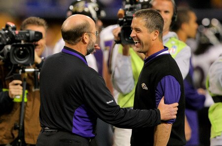 MINNEAPOLIS - OCTOBER 18:  Head coach Brad Childress (L) of the Minnesota Vikings and head coach Jim Harbaugh (R) of the Baltimore Ravens chat during warm ups prior to their NFL game at Hubert H. Humphrey Metrodome on October 18, 2009 in Minneapolis, Minnesota.  <br /><br /><span class="help">(Photo by Doug Pensinger/Getty Images)</span>