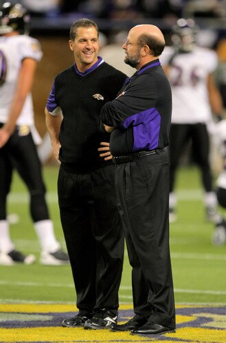 MINNEAPOLIS - OCTOBER 18:  Head coach Brad Childress (R) of the Minnesota Vikings and head coach Jim Harbaugh (L) of the Baltimore Ravens chat during warm ups prior to their NFL game at Hubert H. Humphrey Metrodome on October 18, 2009 in Minneapolis, Minnesota.  <br /><br /><span class="help">(Photo by Doug Pensinger/Getty Images)</span>