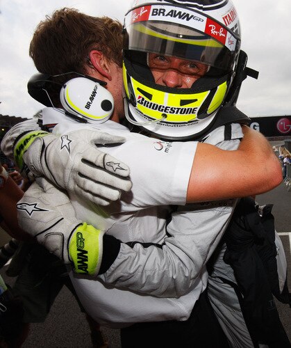 SAO PAULO, BRAZIL - OCTOBER 18:  Jenson Button of Great Britain and Brawn GP celebrates in parc ferme after clinching the F1 World Drivers Championship during the Brazilian Formula One Grand Prix at the Interlagos Circuit on October 18, 2009 in Sao Paulo, Brazil.  <br /><br /><span class="help">(Photo by Mark Thompson/Getty Images)</span>