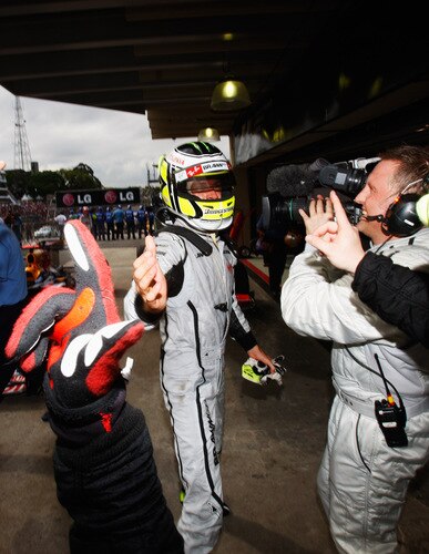 SAO PAULO, BRAZIL - OCTOBER 18:  Jenson Button of Great Britain and Brawn GP celebrates in parc ferme after clinching the F1 World Drivers Championship during the Brazilian Formula One Grand Prix at the Interlagos Circuit on October 18, 2009 in Sao Paulo, Brazil.  <br /><br /><span class="help">(Photo by Mark Thompson/Getty Images)</span>