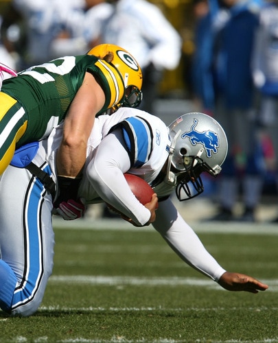 GREEN BAY, WI - OCTOBER 18: Duante Culpepper #11 of the Detroit Lions is sacked by Clay Matthews #52 of the Green Bay Packers at Lambeau Field on October 18, 2009 in Green Bay, Wisconsin. <br /><br /><span class="help">(Photo by Jonathan Daniel/Getty Images)</span>