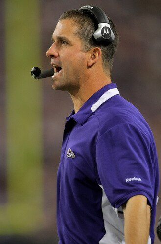 MINNEAPOLIS - OCTOBER 18:  Head coach Jim Harbaugh of the Baltimore Ravens leads his team against the Minnesota Vikings during NFL action at Hubert H. Humphrey Metrodome on October 18, 2009 in Minneapolis, Minnesota.  <br /><br /><span class="help">(Photo by Doug Pensinger/Getty Images)</span>