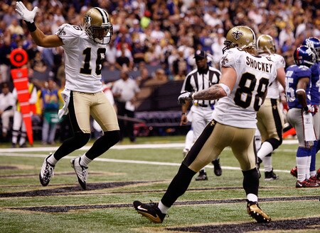 NEW ORLEANS - OCTOBER 18:  Lance Moore #16 of the New Orleans Saints celebrates with teammate Jeremy Shockey #88 after scoring a touchdown against the New York Giants at the Louisiana Superdome on October 18, 2009 in New Orleans, Louisiana.  <br /><br /><span class="help">(Photo by Chris Graythen/Getty Images)</span>