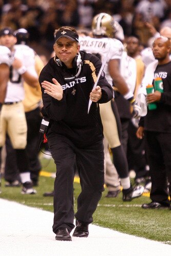 NEW ORLEANS - OCTOBER 18:  Head coach Sean Payton of the New Orleans Saints celebrates after a Reggie Bush #25 touchdown against the New York Giants at the Louisiana Superdome on October 18, 2009 in New Orleans, Louisiana.  <br /><br /><span class="help">(Photo by Chris Graythen/Getty Images)</span>