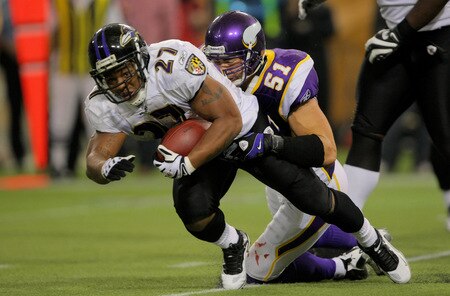 MINNEAPOLIS - OCTOBER 18:  Running back Ray Rice #27 of the Baltimore Ravens rushes the ball and is tackled by linebacker Ben Leber #51 of the Minnesota Vikings during NFL action at Hubert H. Humphrey Metrodome on October 18, 2009 in Minneapolis, Minnesota.  <br /><br /><span class="help">(Photo by Doug Pensinger/Getty Images)</span>