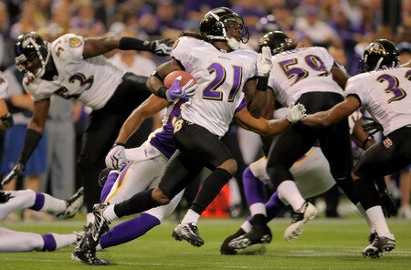 MINNEAPOLIS - OCTOBER 18:  Lardarius Webb #21 of the Baltimore Ravens returns a kick off against the Minnesota Vikings during NFL action at Hubert H. Humphrey Metrodome on October 18, 2009 in Minneapolis, Minnesota.  <br /><br /><span class="help">(Photo by Doug Pensinger/Getty Images)</span>