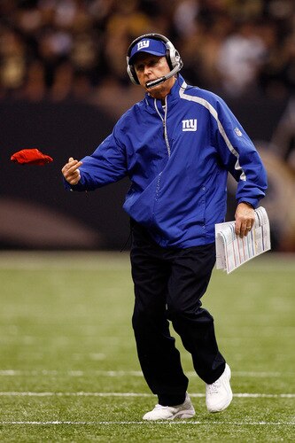 NEW ORLEANS - OCTOBER 18:  Head coach Tom Coughlin of the New York Giants throws out the red challenge flag during the game against the New Orleans Saints at the Louisiana Superdome on October 18, 2009 in New Orleans, Louisiana.  <br /><br /><span class="help">(Photo by Chris Graythen/Getty Images)</span>