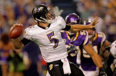 MINNEAPOLIS - OCTOBER 18:  Quarterback Joe Flacco #5 of the Baltimore Ravens delivers a pass against the Minnesota Vikings during NFL action at Hubert H. Humphrey Metrodome on October 18, 2009 in Minneapolis, Minnesota.  <br /><br /><span class="help">(Photo by Doug Pensinger/Getty Images)</span>
