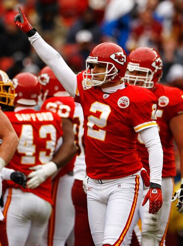 LANDOVER, MD - OCTOBER 18:  Kicker Ryan Succop #2 of the Kansas City Chiefs reacts to a third quarter field goal against the Washington Redskins during their game on October 18, 2009 at FedEx Field in Landover, Maryland. Succop had 4 field goals as the Chiefs won the game 14-6.  <br /><br /><span class="help">(Photo by Win McNamee/Getty Images)</span>