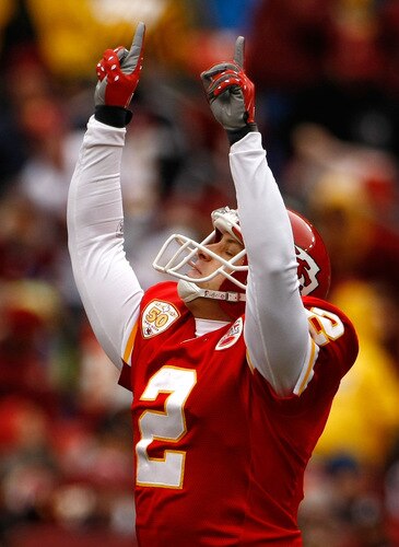 LANDOVER, MD - OCTOBER 18:  Kicker Ryan Succop #2 of the Kansas City Chiefs reacts to a third quarter field goal against the Washington Redskins during their game on October 18, 2009 at FedEx Field in Landover, Maryland. Succop had 4 field goals as the Chiefs won the game 14-6.  <br /><br /><span class="help">(Photo by Win McNamee/Getty Images)</span>