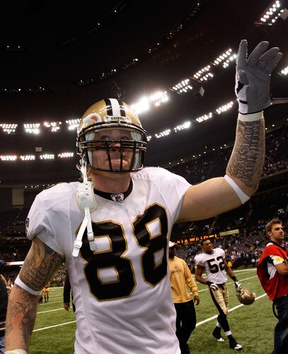 NEW ORLEANS - OCTOBER 18:  Jeremy Shockey #88 of the New Orleans Saints celebrates after defeating the New York Giants 48-27  at the Louisiana Superdome on October 18, 2009 in New Orleans, Louisiana.  <br /><br /><span class="help">(Photo by Chris Graythen/Getty Images)</span>