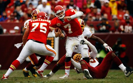 LANDOVER, MD - OCTOBER 18:  Andre Carter #99 of the Washington Redskins sacks Matt Cassel #7 of the Kansas City Chiefs during their game October 18, 2009 at FedEx Field in Landover, Maryland. Kansas City kicker Ryan Succop had 4 field goals as the Chiefs won the game 14-6.  <br /><br /><span class="help">(Photo by Win McNamee/Getty Images)</span>