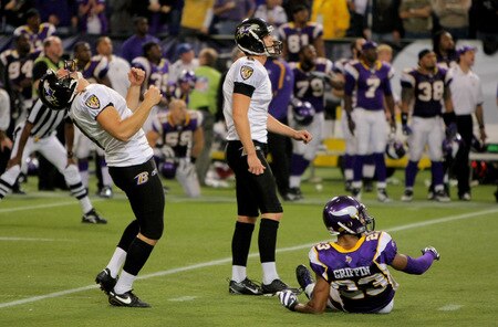 MINNEAPOLIS - OCTOBER 18:  Place kicker Steve Hauschka #6 of the Baltimore Ravens watches as he missed a 44 yard attempt at a game winning field goal with time expiring as holder Sam Koch #4 reacts and Cedric Griffin #33 of the Minnesota Vikings looks on during NFL action at Hubert H. Humphrey Metrodome on October 18, 2009 in Minneapolis, Minnesota.  <br /><br /><span class="help">(Photo by Doug Pensinger/Getty Images)</span>